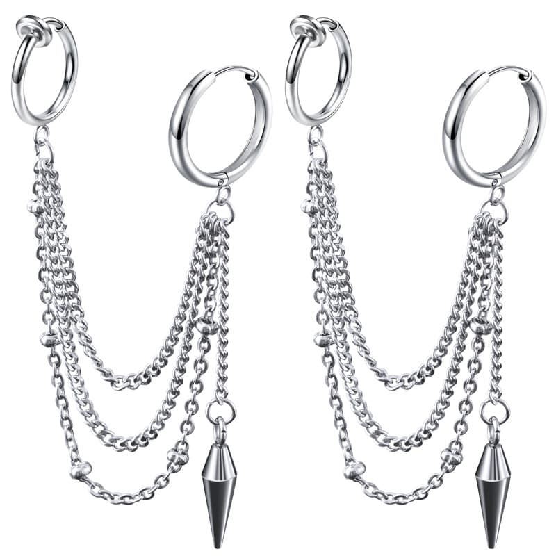 メンズピアス チェーンピアス 二連チェーン十字架付きピアス