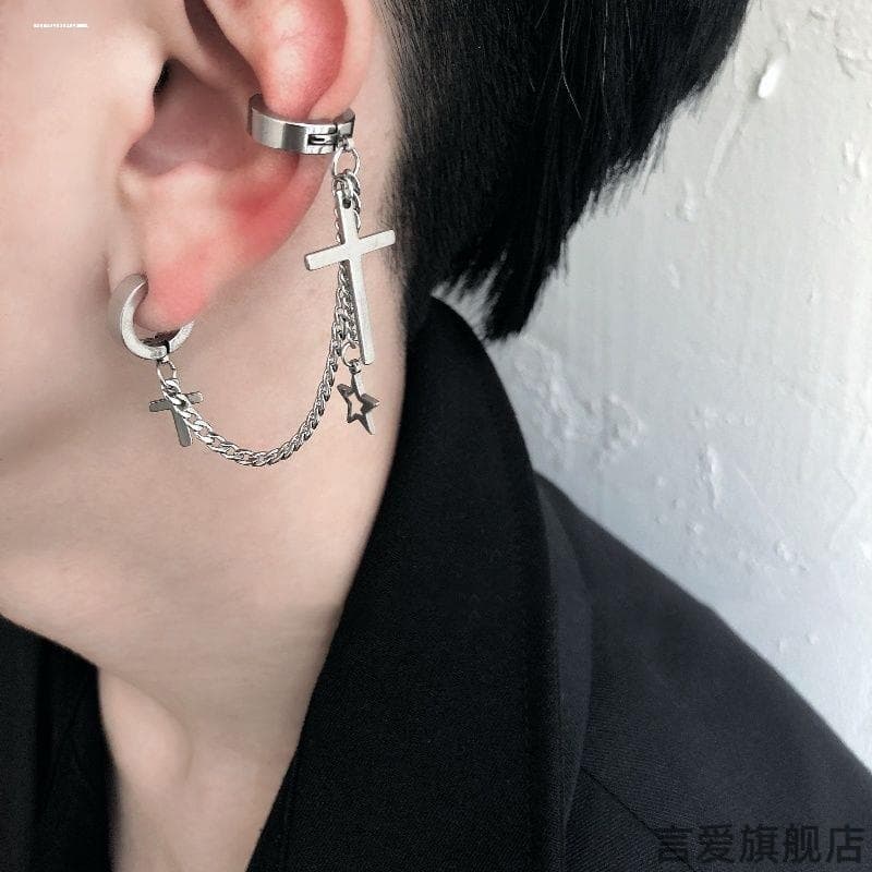 メンズピアス クロス×星チェーンイヤーカフピアス