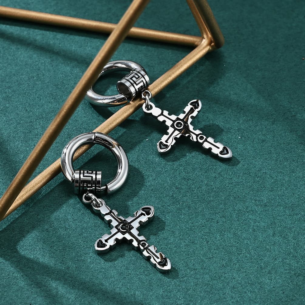 メンズピアス クロス型デザインフープピアス