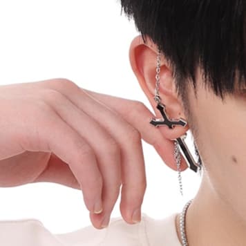 メンズピアス 十字クロスチェーンピアス
