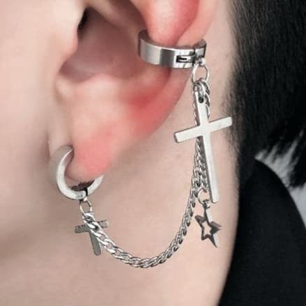 メンズピアス クロス×星チェーンイヤーカフピアス
