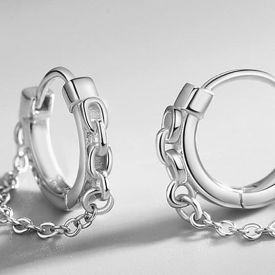 メンズピアス チェーン付き純銀フープピアス