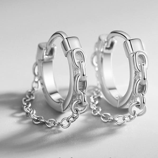 メンズピアス チェーン付き純銀フープピアス