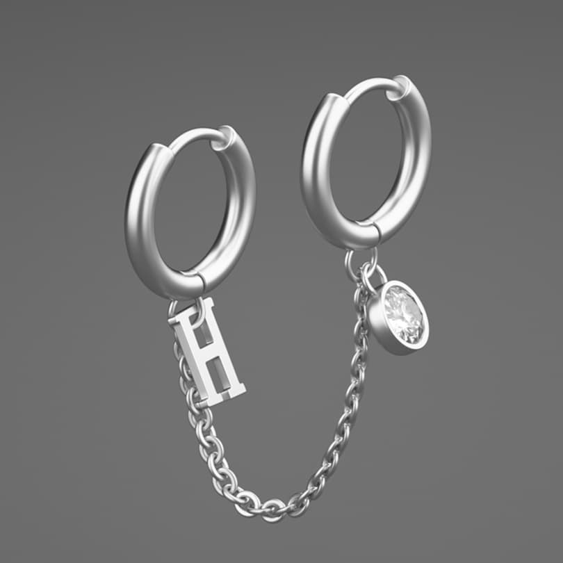 メンズピアス チェーンピアス 文字チャーム付き連結フープピアス