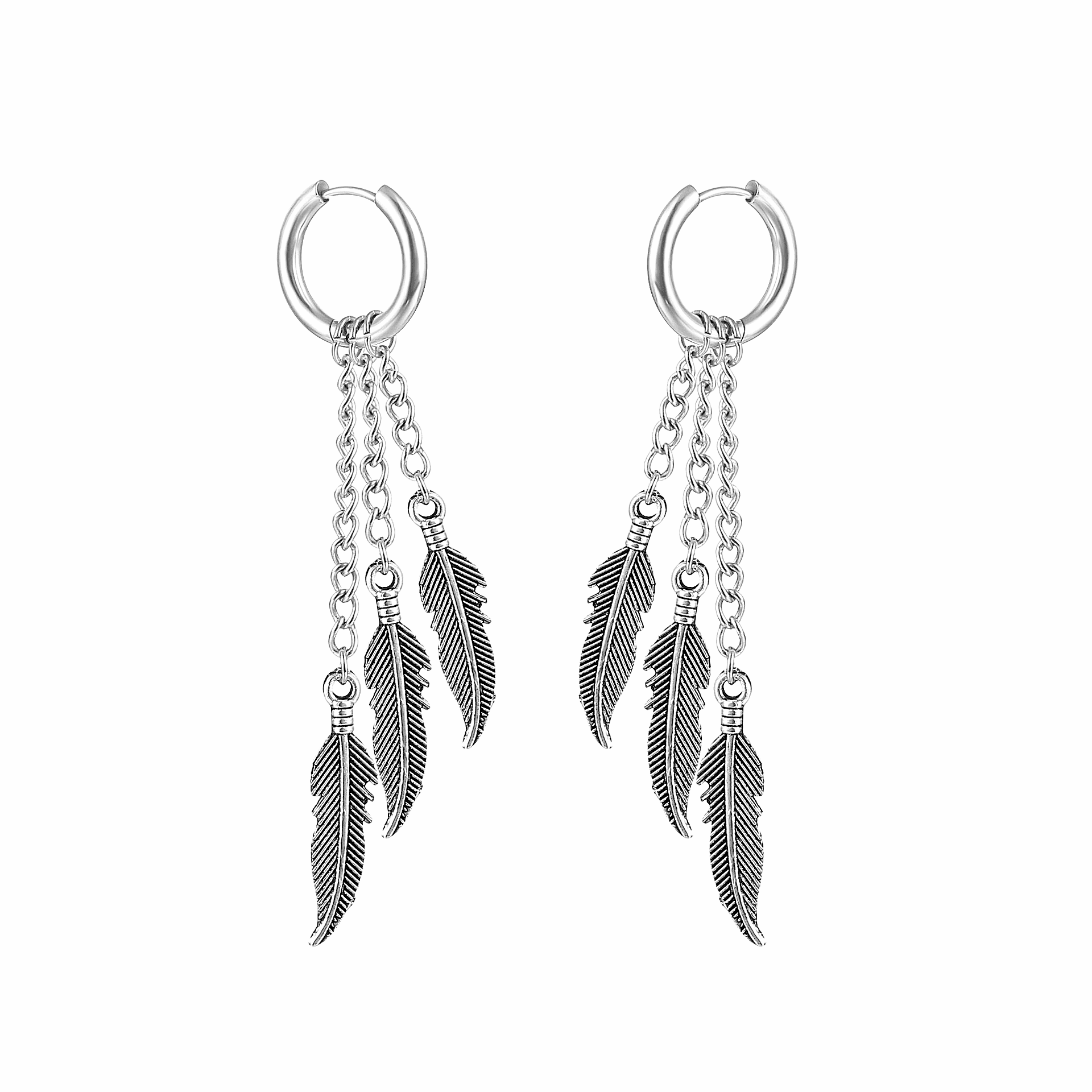 メンズピアス 羽根モチーフ チェーンフープピアス