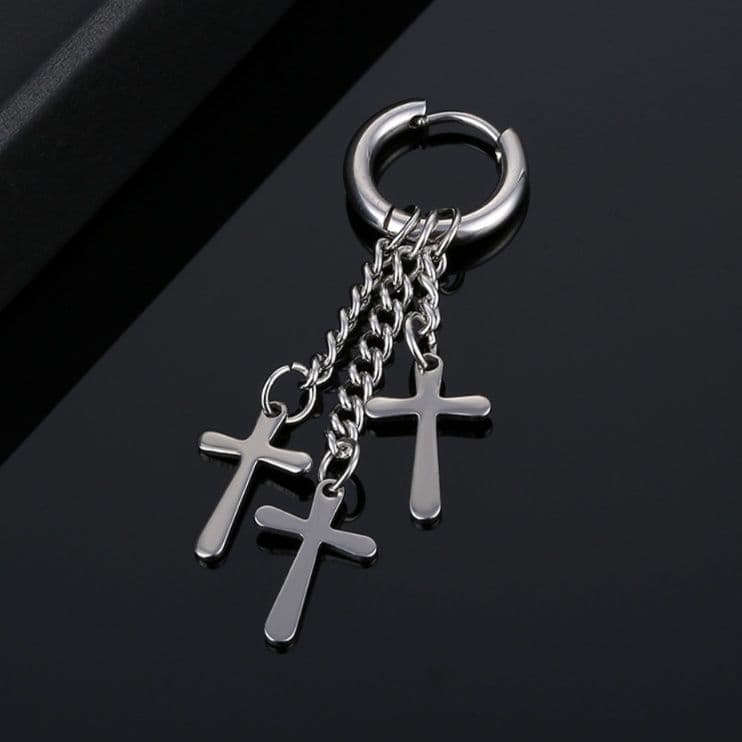 メンズピアス クロス・羽根デザイン チェーンピアス