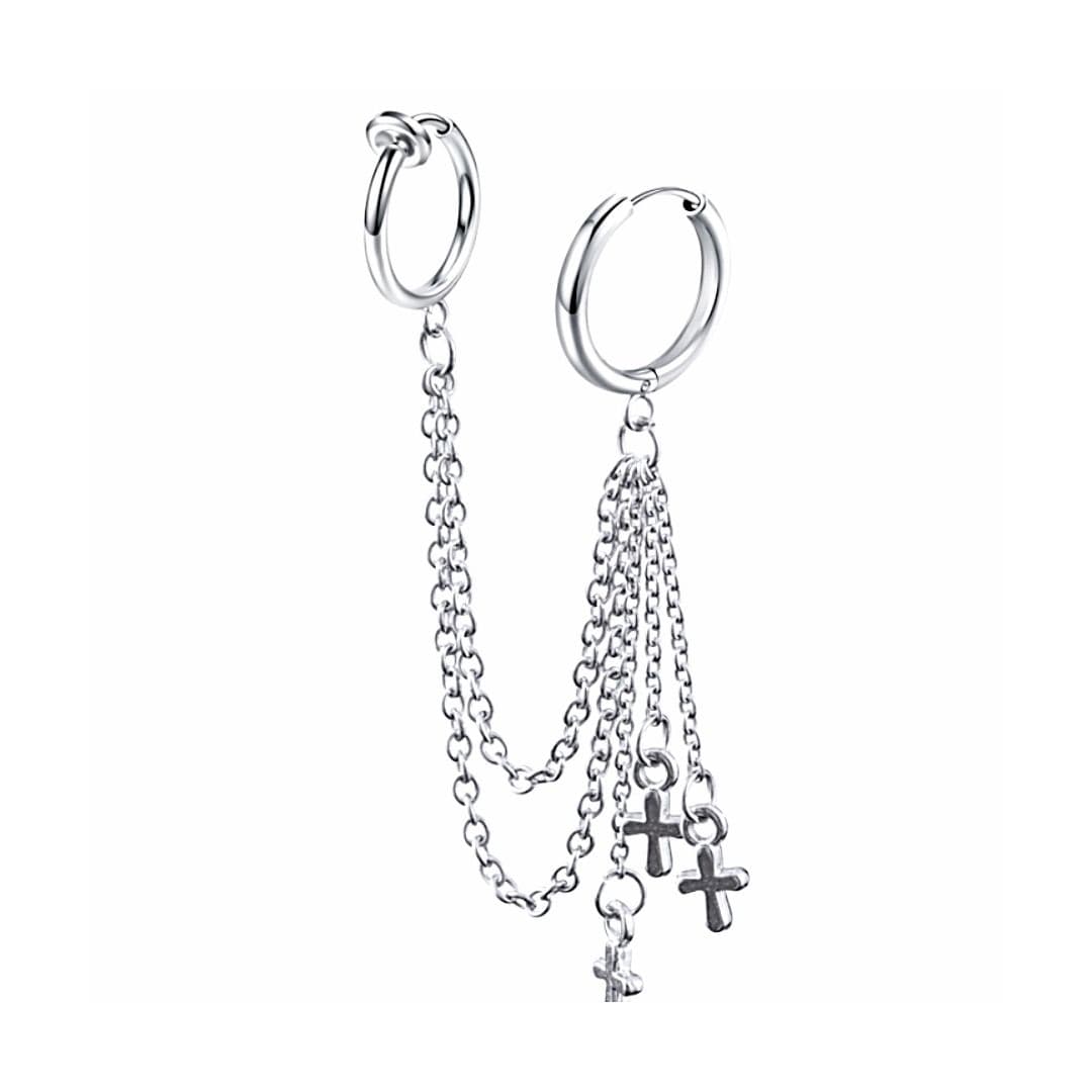 メンズピアス チェーンピアス 二連チェーン十字架付きピアス