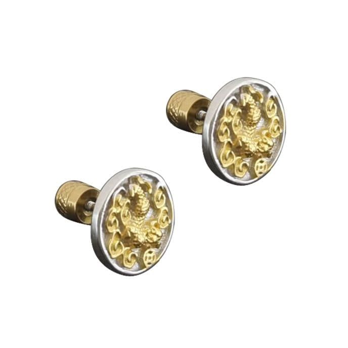 メンズピアス 貔貅彫刻円形スタッドピアス