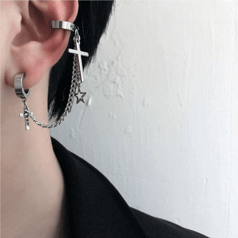 メンズピアス クロス×星チェーンイヤーカフピアス