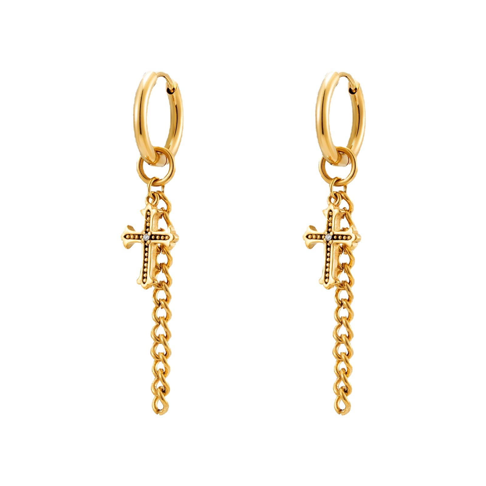 メンズピアス チェーンピアス 十字架モチーフ ドロップフープピアス