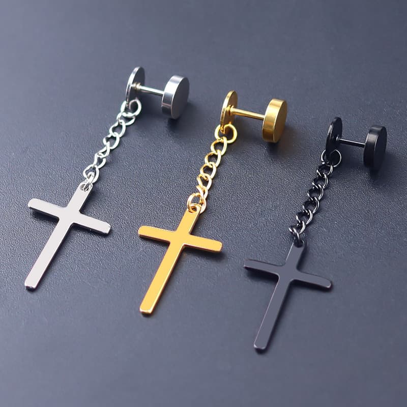 メンズピアス チェーンピアス 十字架デザイン チェーンドロップピアス