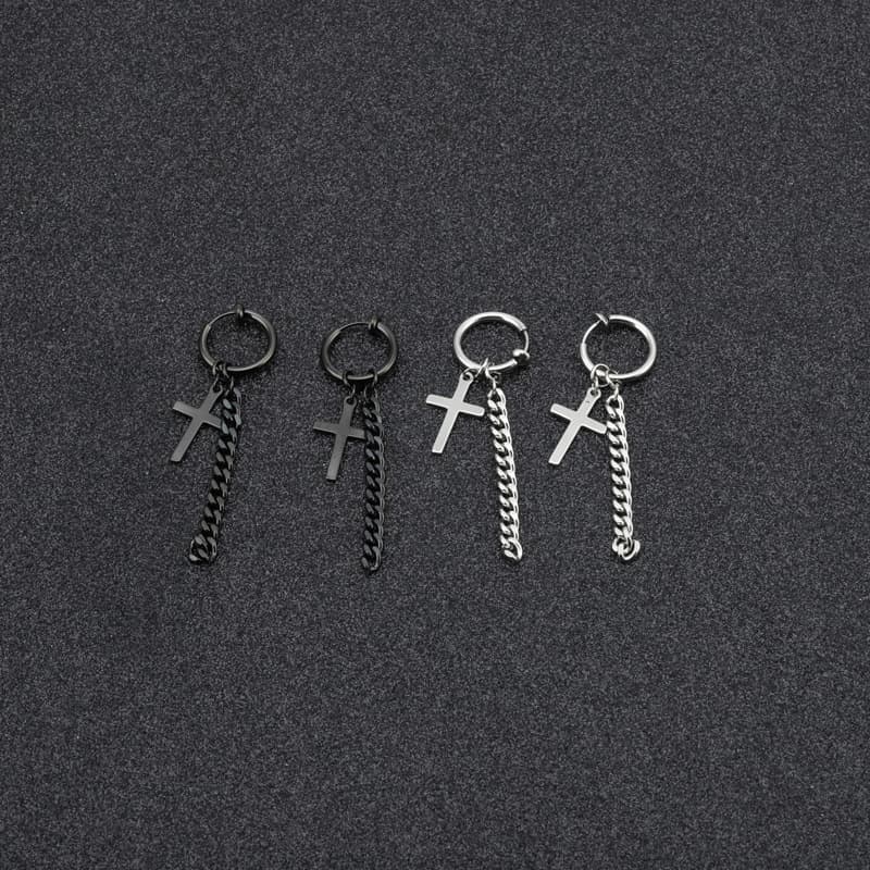 メンズピアス 十字架チェーンロングピアス