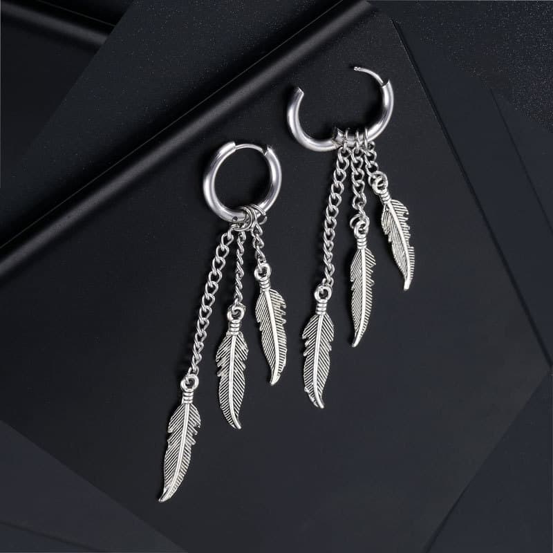 メンズピアス 羽根モチーフ チェーンフープピアス