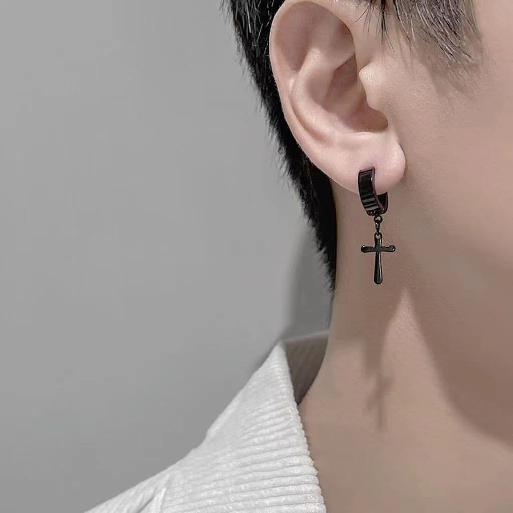 メンズピアス クロス揺れるフープピアス
