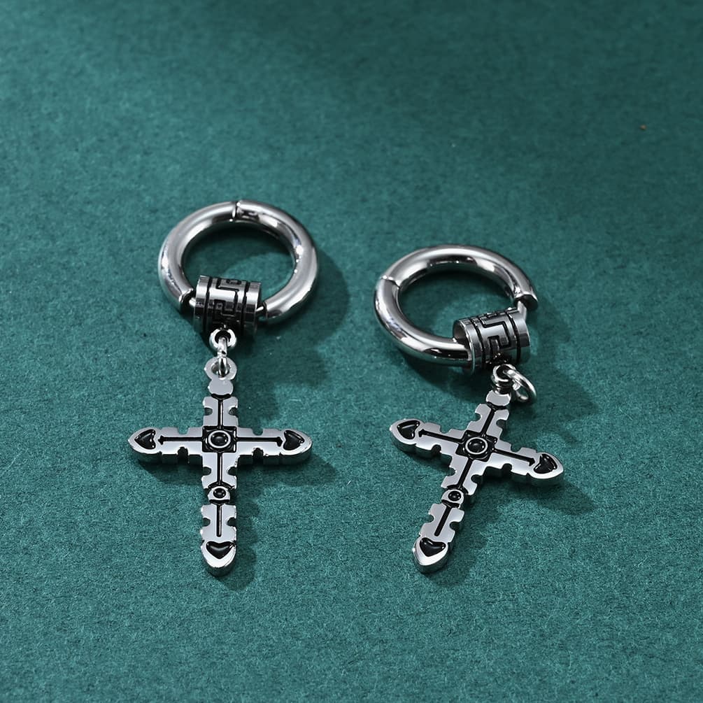 メンズピアス クロス型デザインフープピアス