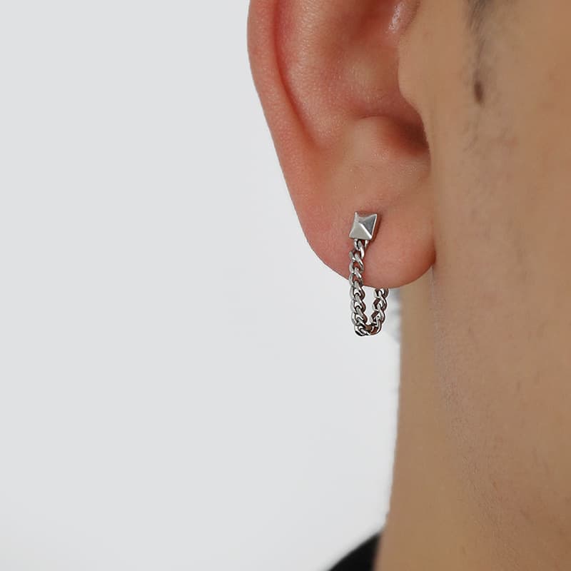 メンズピアス チェーンピアス 幾何学スタッド チェーンピアス