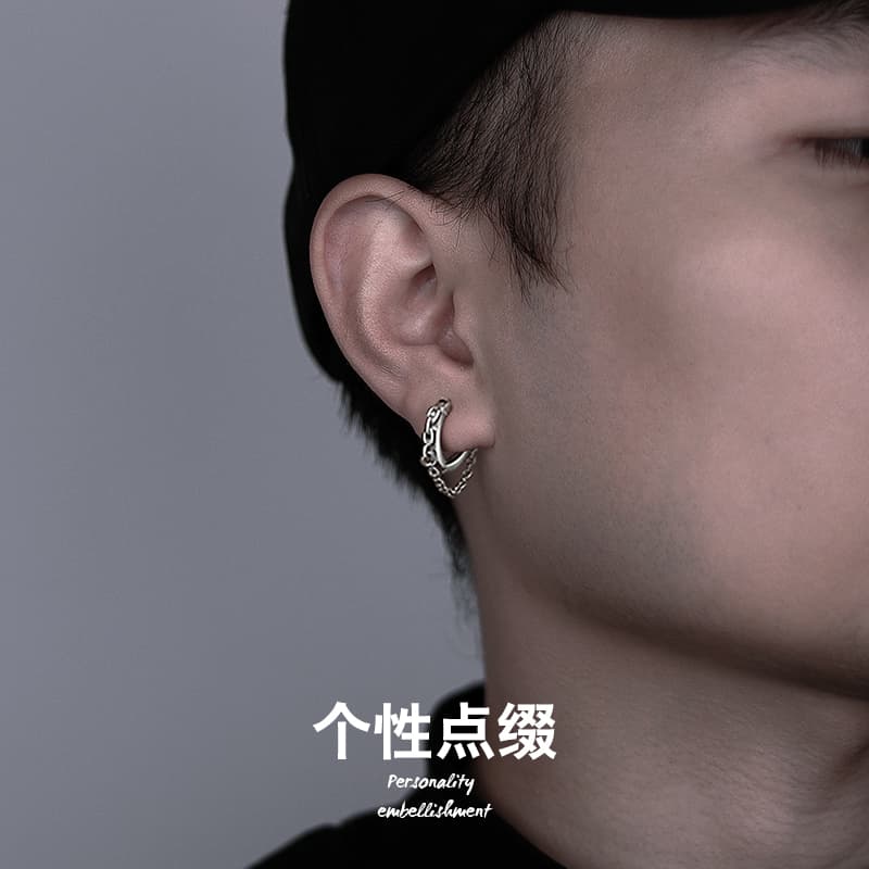 メンズピアス チェーン付き純銀フープピアス