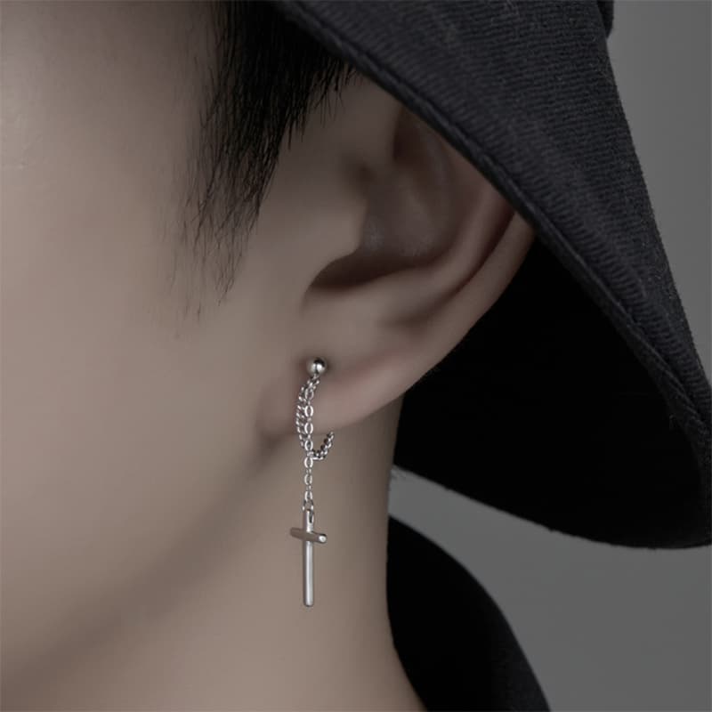 メンズピアス 十字架チェーンドロップピアス