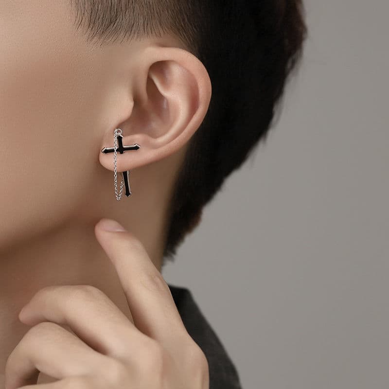 メンズピアス クロス型チェーンピアス