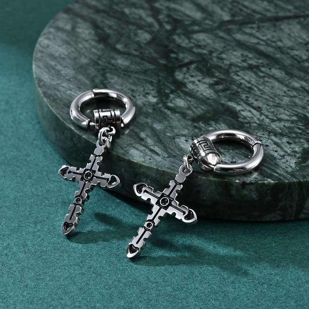 メンズピアス クロス型デザインフープピアス