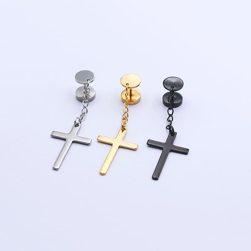 メンズピアス チェーンピアス 十字架デザイン チェーンドロップピアス
