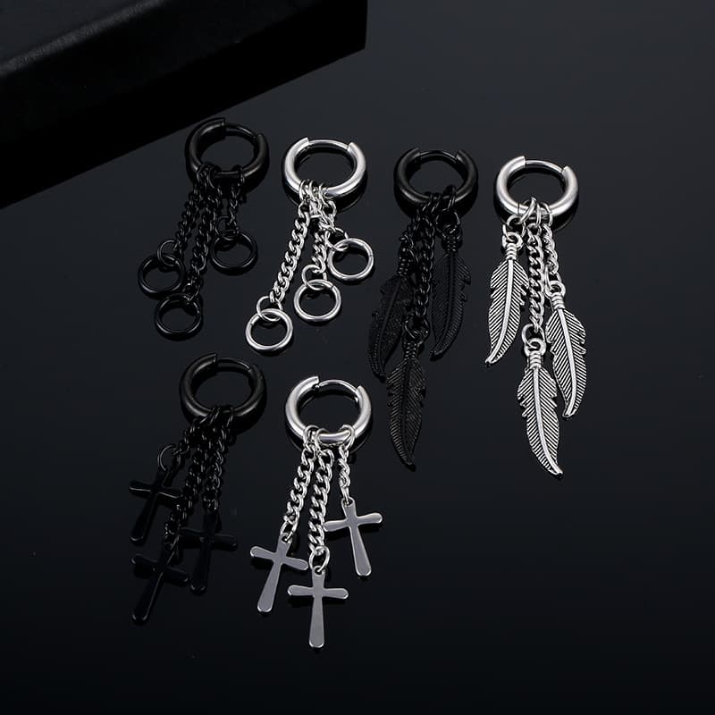 メンズピアス クロス・羽根デザイン チェーンピアス