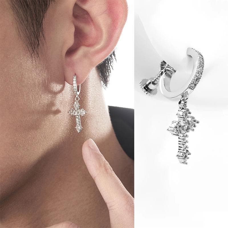 メンズピアス クロス型 ドロップ フープピアス