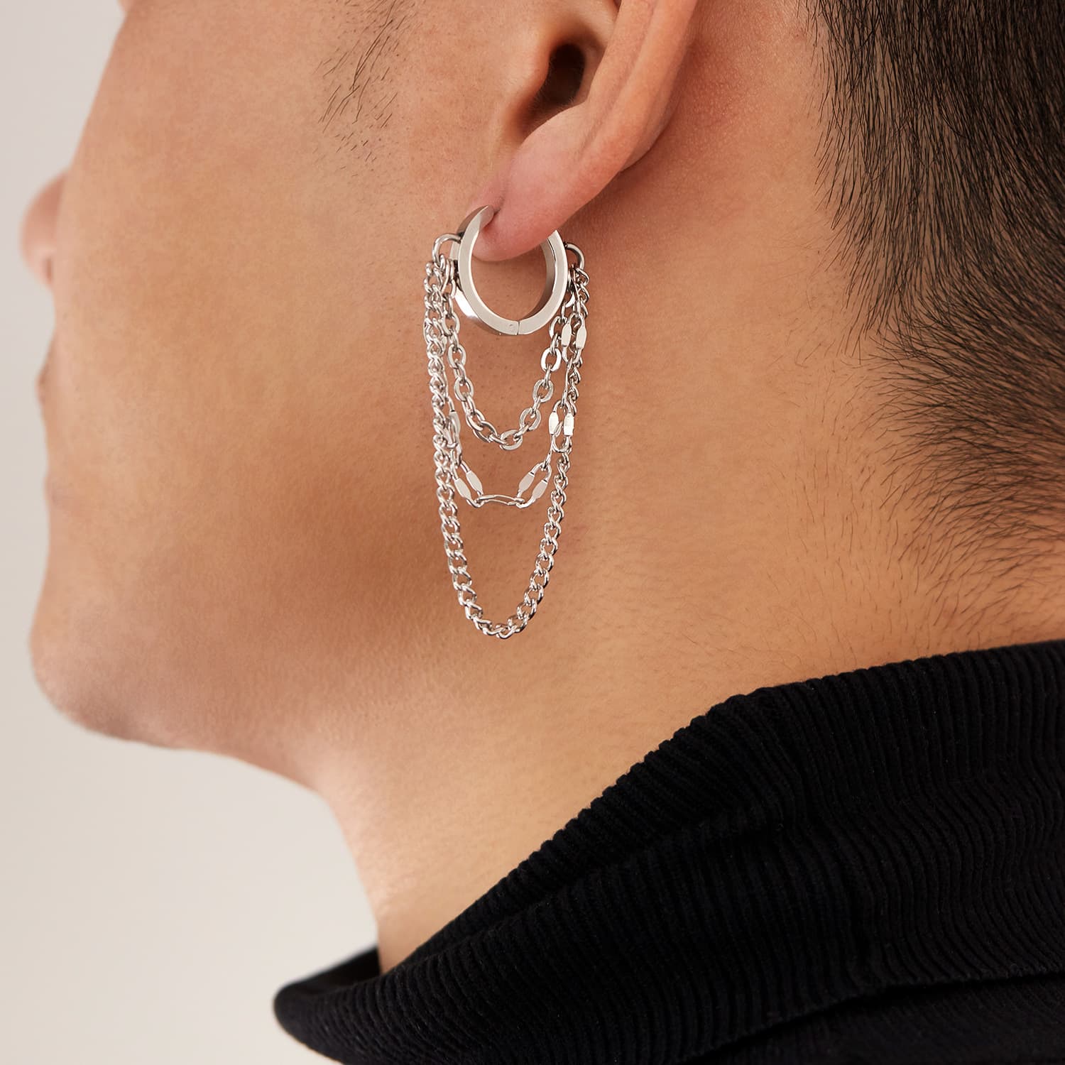 メンズピアス チェーンピアス 三層チェーンフープピアス