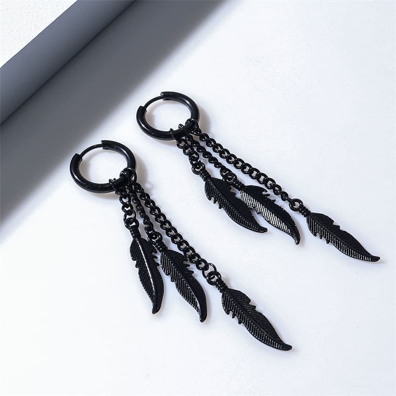 メンズピアス 羽根モチーフ チェーンフープピアス
