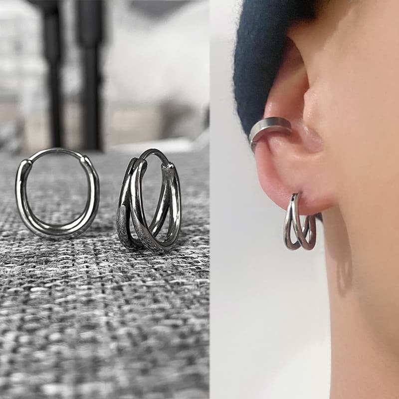 メンズピアス シンプル二連フープピアス