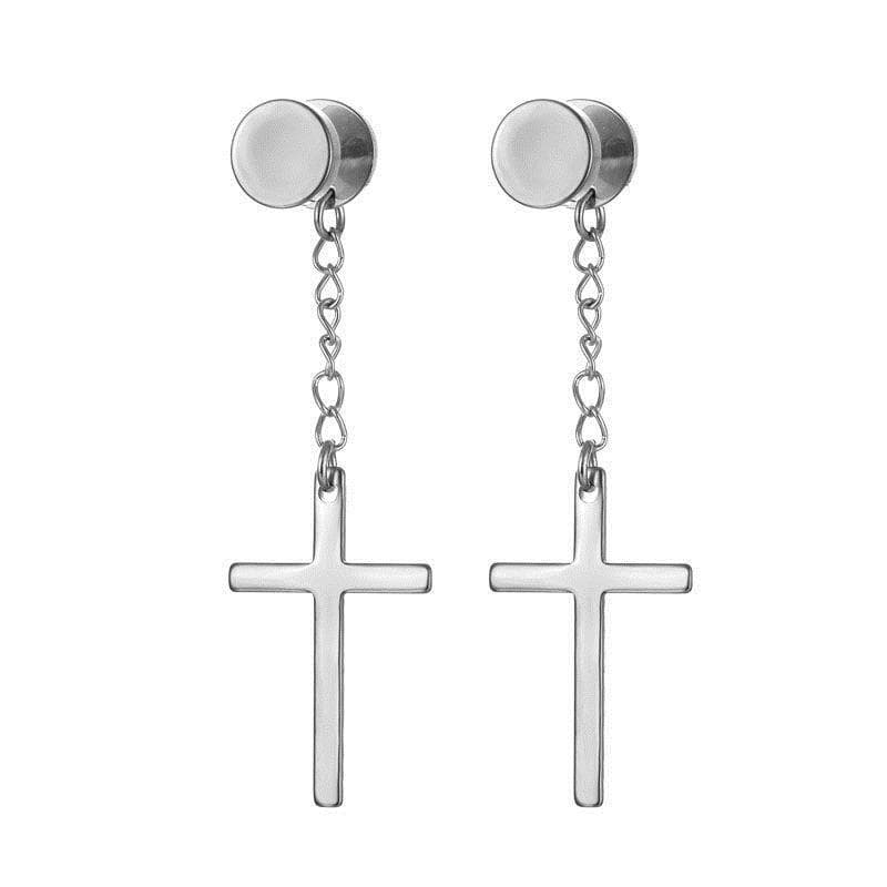 メンズピアス チェーンピアス 十字架デザイン チェーンドロップピアス