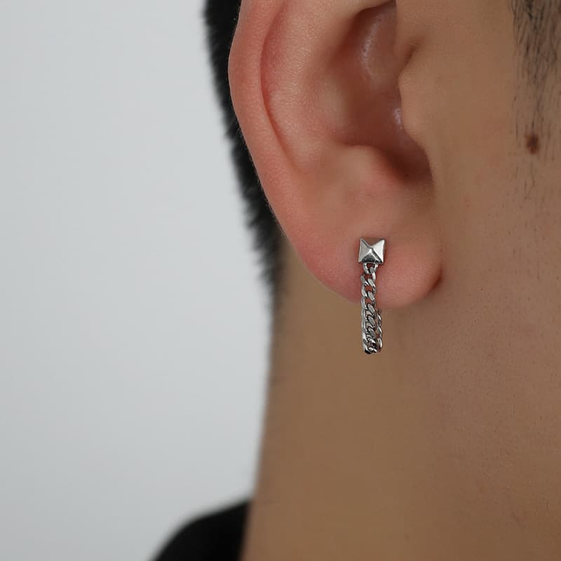 メンズピアス チェーンピアス 幾何学スタッド チェーンピアス