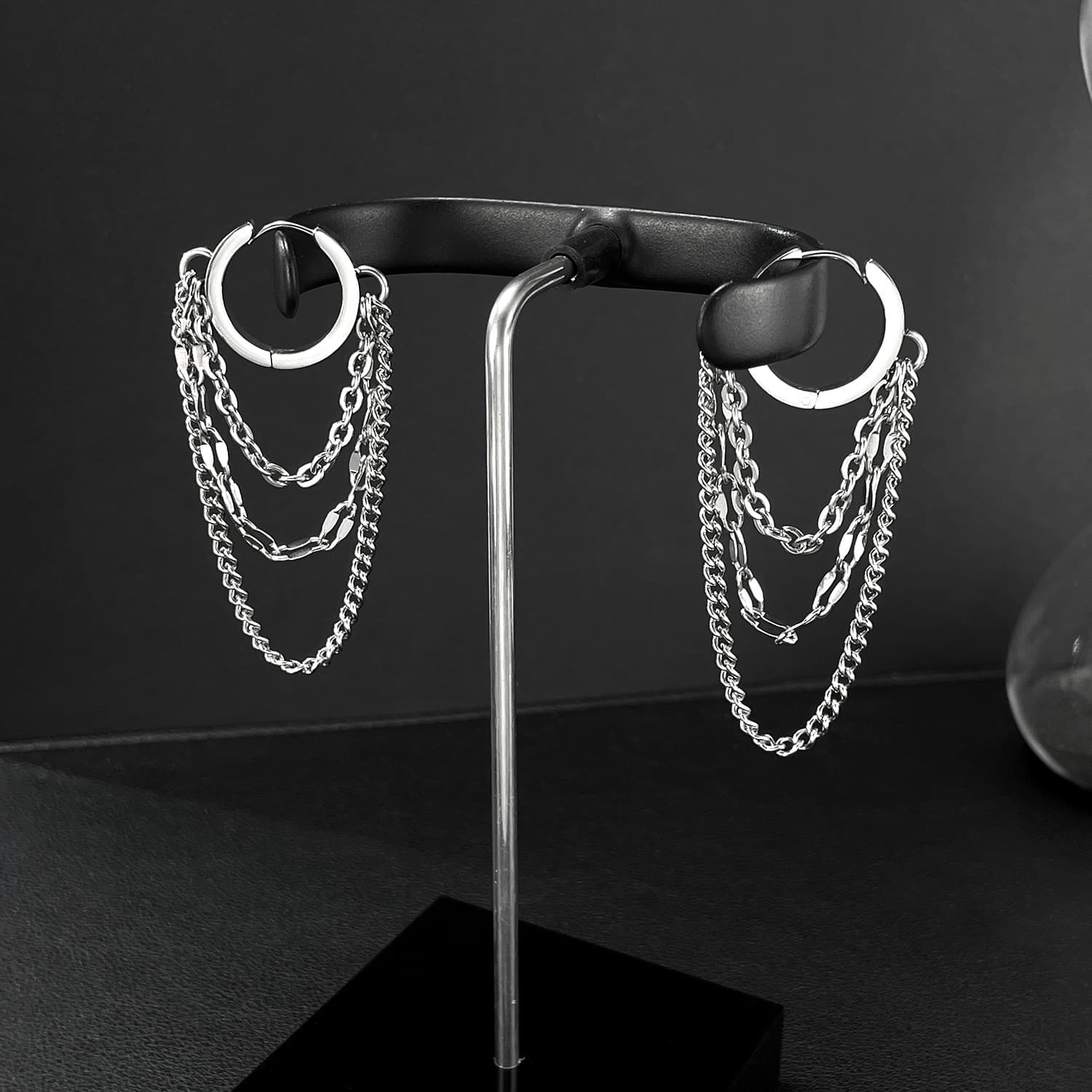 メンズピアス チェーンピアス 三層チェーンフープピアス
