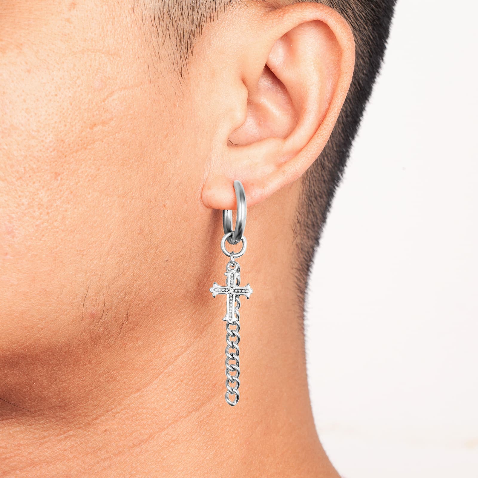 メンズピアス チェーンピアス 十字架モチーフ ドロップフープピアス