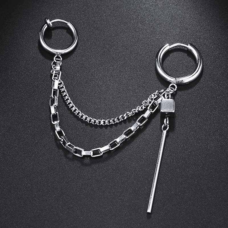 メンズピアス チェーンピアス 二連チェーン十字架付きピアス