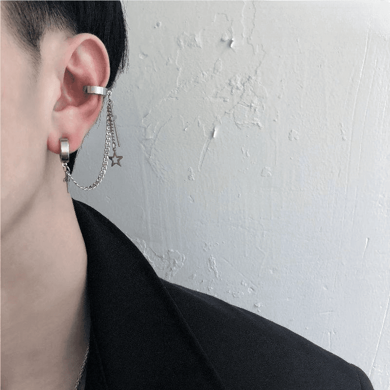 メンズピアス クロス×星チェーンイヤーカフピアス