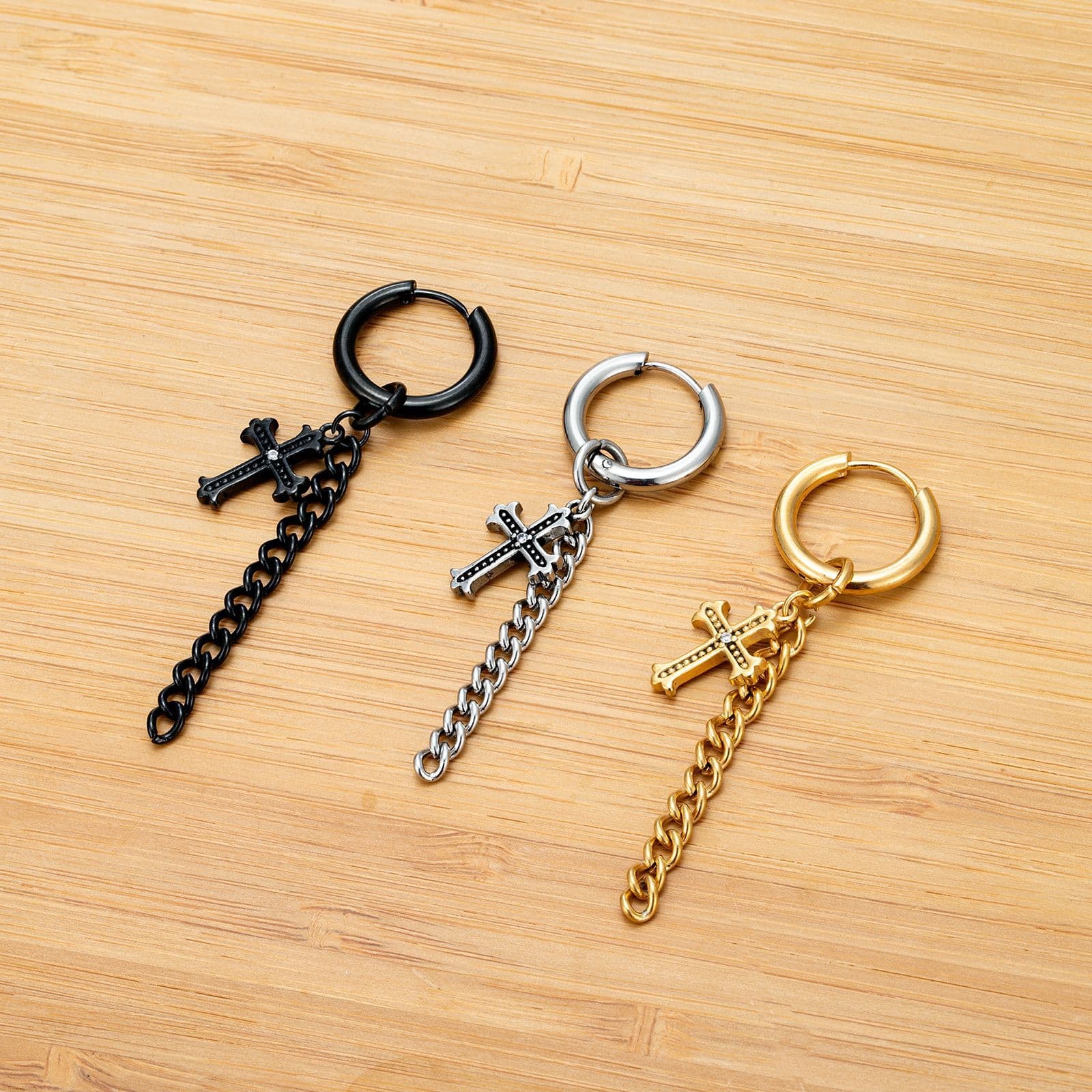 メンズピアス チェーンピアス 十字架モチーフ ドロップフープピアス