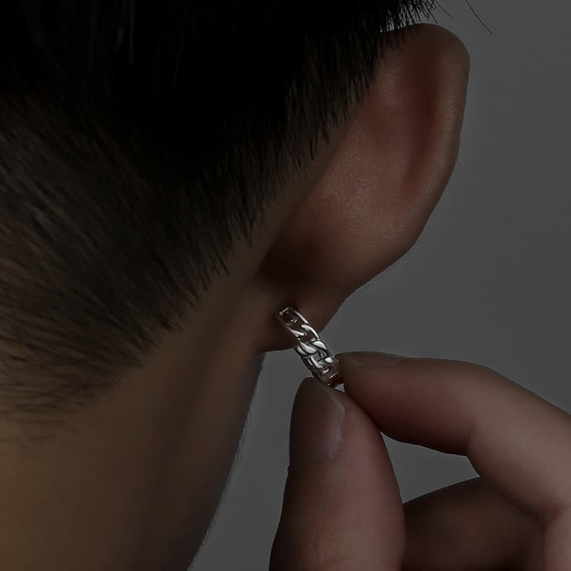 メンズピアス 重厚鎖デザイン クリップピアス