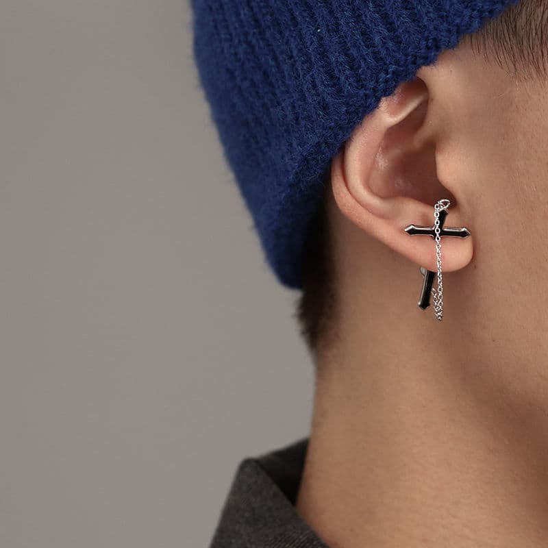 メンズピアス クロス型チェーンピアス