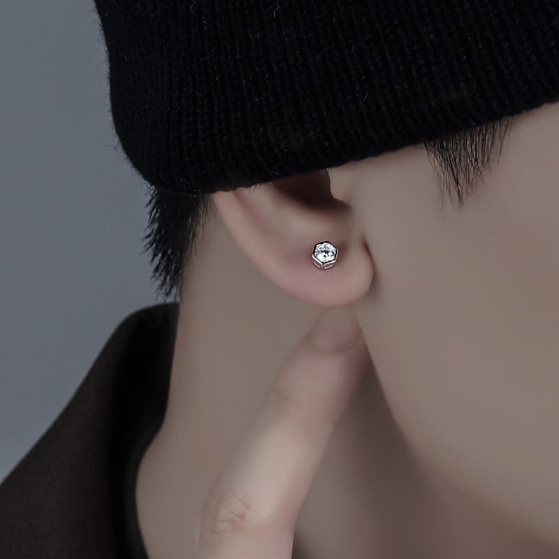 メンズピアス 六角形 宝石埋込みスタッドピアス