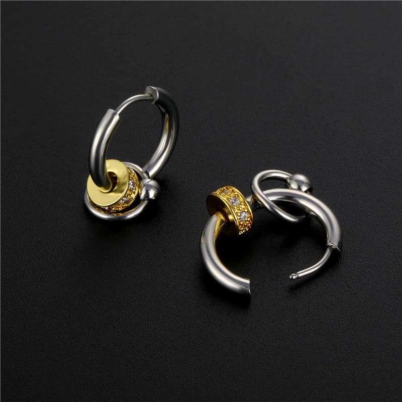 メンズピアス 煌めき装飾リング二連フープピアス