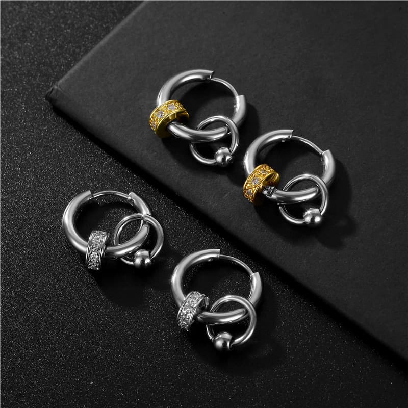 メンズピアス 煌めき装飾リング二連フープピアス