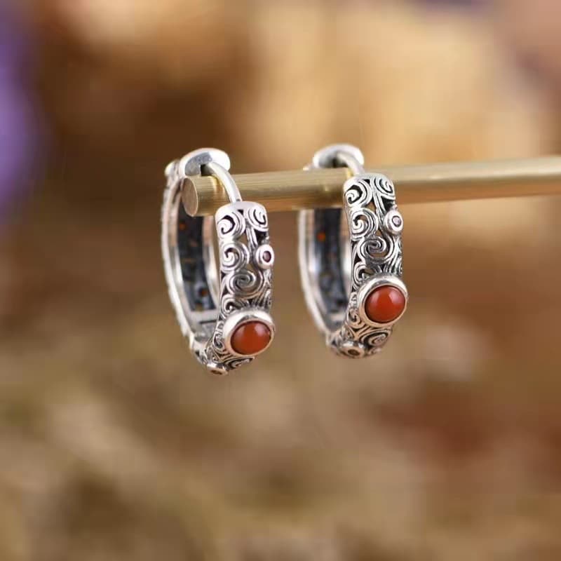 メンズピアス 唐草模様の天然石フープピアス