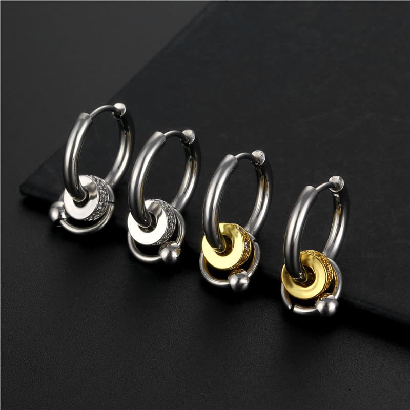 メンズピアス 煌めき装飾リング二連フープピアス